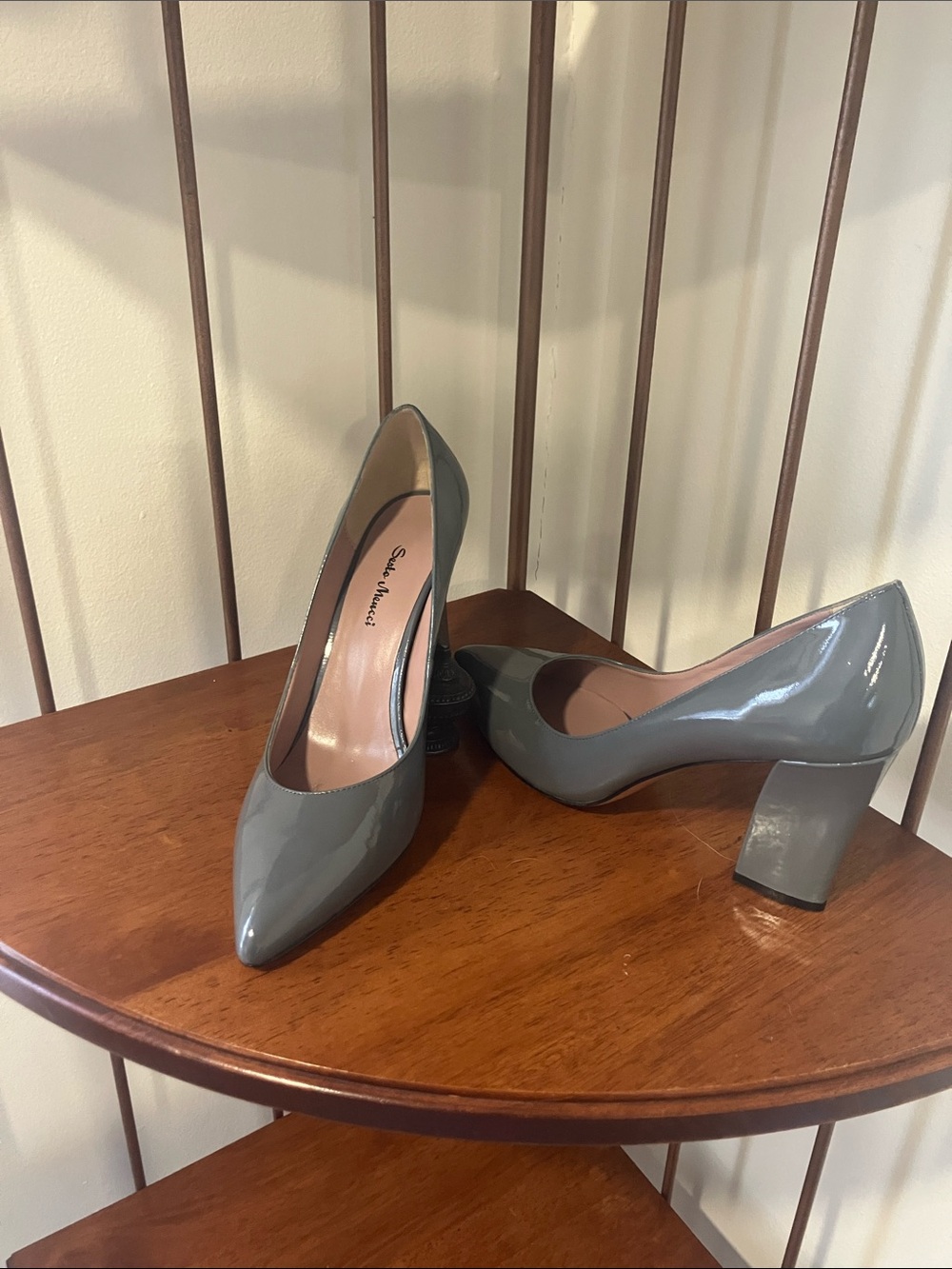 Saks Fifth Avenue Gray Patent Leather Pointed Block Heel Pumps
